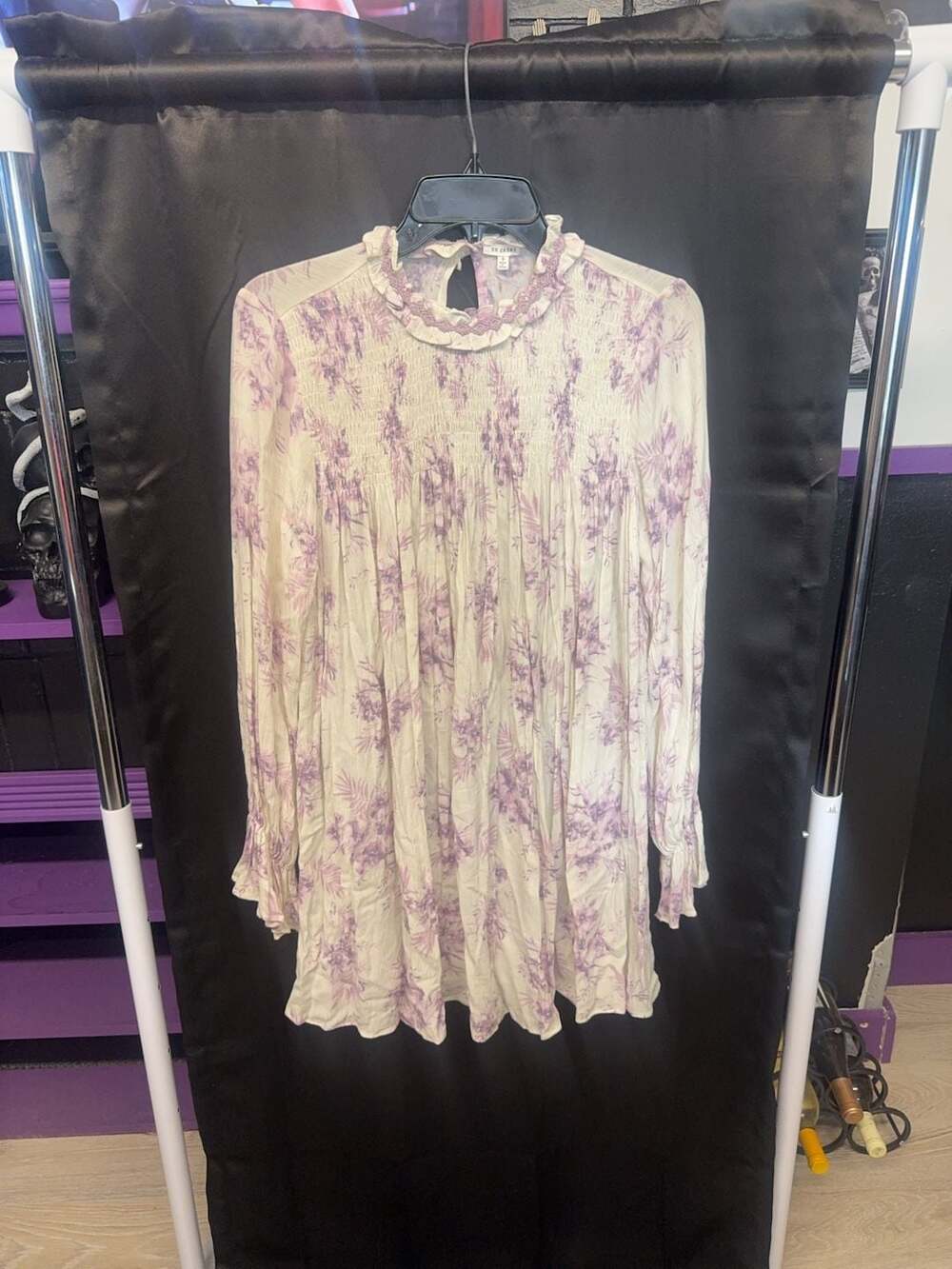 En Crème Women's Size S Floral Print Smocked Mock Neck Long Sleeve Mini Dress